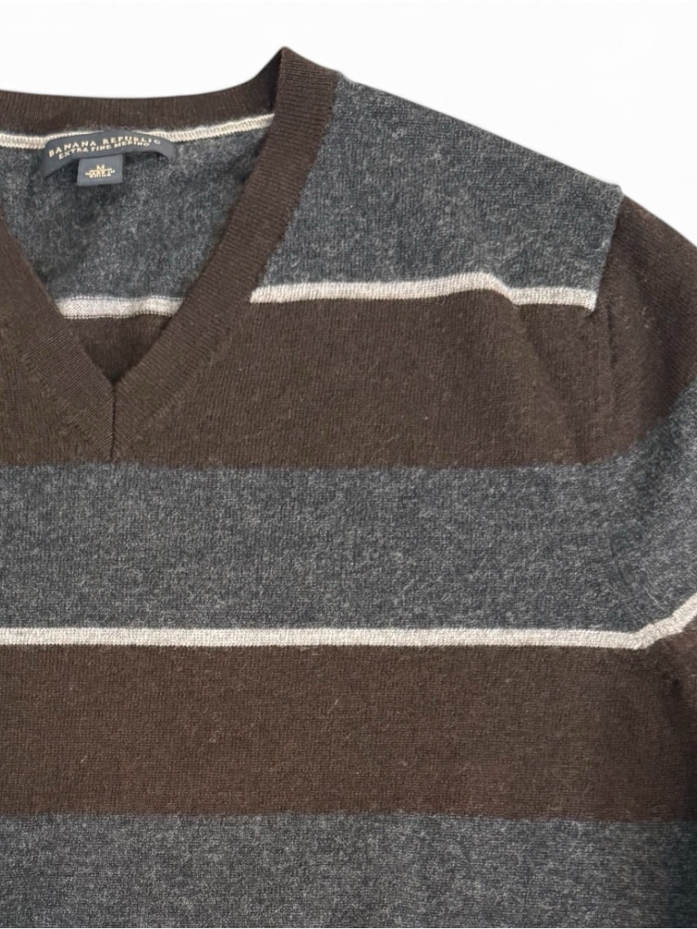 Banana Republic Men's V-Neck Striped Sweater - Brown & Gray - Slim Fit M